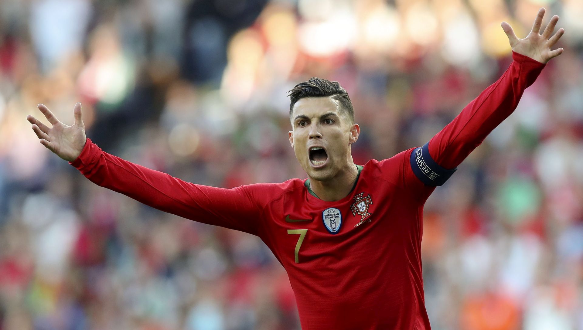 epa07637696 Portugal player Cristiano Ronaldo reacts during the UEFA Nations League final soccer match Portugal vs Netherlands at Dragao stadium, Porto, Portugal, 09 June 2019.  EPA/JOSE COELHO