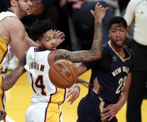 epa07650960 (FILE) - New Orleans Pelicans forward Anthony Davis (R) passes by the ball as he is defended by Los Angeles Lakers forward Brandon Ingram (L) in the first half of their NBA game at Staples Center in Los Angeles, California, USA, 05 March 2017. According to reports Davis was traded for Lonzo Ball, Brandon Ingram, Josh Hart, and three first-round picks – including the No. 4 overall in 2019 Draft.  EPA/MIKE NELSON  SHUTTERSTOCK OUT *** Local Caption *** 53371243