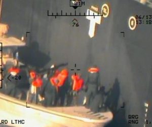 epa07654762 A handout photo made available by the US Department of Defense (DoD) shows Imagery taken from a US Navy MH-60R helicopter of the Islamic Revolutionary Guard Corps Navy removing an unexploded limpet mine from the M/T Kokuka Courageous,
At sea outside of Fujairah, UAE, Issued 17 June 2019. Media reported that the Japan's tanker Kokuka Courageous, which is carrying a methanol, and Norway's tanker Front Altair are anchoring at the UAE Fujairah coast as the processing their cargoes to unloaded the shipments. According to media reports, two oil tankers, Japan's Kokuka Courageous and Norway's Front Altair, were damaged in the Gulf of Oman after allegedly being attacked in the early morning of 13 June between the UAE and Iran.  EPA/US DEPARTMENT OF DEFENSE HANDOUT  HANDOUT EDITORIAL USE ONLY/NO SALES