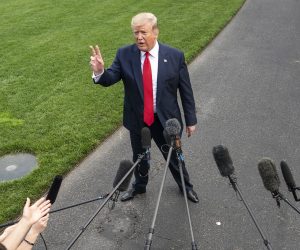 epa07656731 US President Donald J. Trump speaks to the media as he departs the White House for a campaign event in Florida in Washington, DC, USA, 18 June 2019. President Trump is travelling to Orlando to launch his 2020 re-election campaign. Prior to leaving the White House, the President spoke about Patrick Shanahan, who withdrew from consideration to be Trump's permanent defense secretary. He also spoke about tariffs, immigration, and growing tensions with Iran.  EPA/JIM LO SCALZO ALTERNATIVE CROP