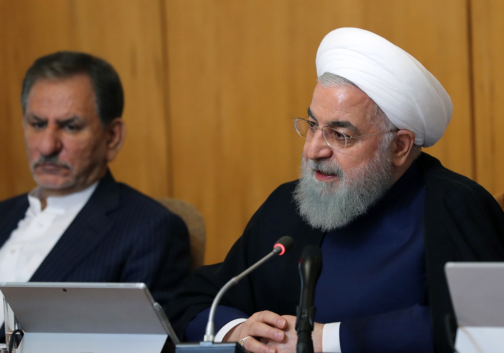 epa07657688 A handout photo made available by the Iranian presidential office shows Iranian president Hassan Rouhani speaks during the weekly cabinet meeting in Tehran, Iran, 19 January 2019. Media reported that Rouhani said that scaling down from some of nuclear deal commitments was the minimum thing, that we could do against US withdrawal from the deal. Iran earlier announced that until 08 July 2019 if nothing happens by the European side following nuclear deal, again they will scale down some other nuclear deal commitments.  EPA/IRAN PRESIDENTIAL OFFICE / HANDOUT  HANDOUT EDITORIAL USE ONLY/NO SALES
