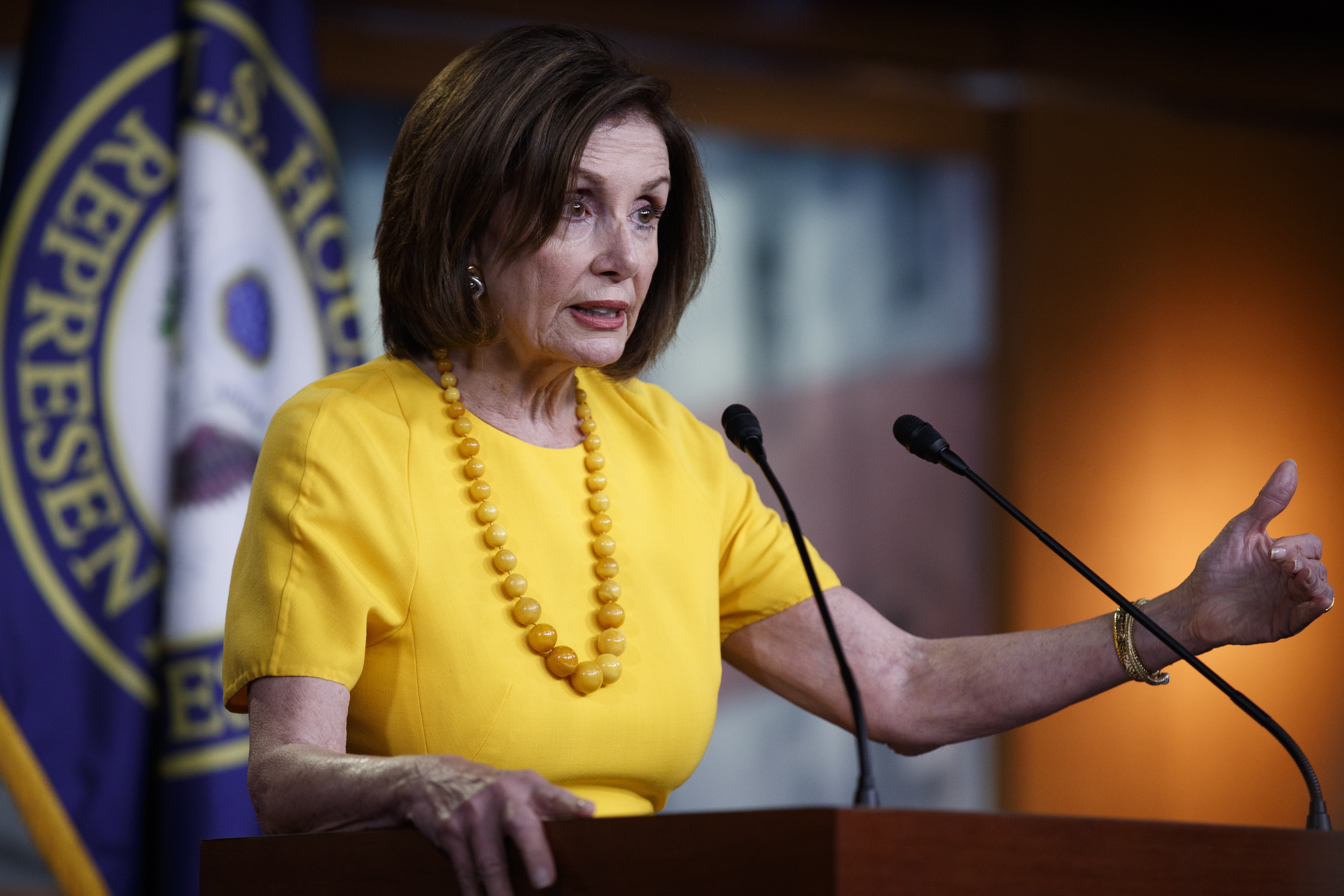 epa07660855 Speaker of the House Nancy Pelosi responds to a question from the news media during a press conference in the US Capitol in Washington, DC, USA, 20 June 2019. Pelosi responded to questions on the downing of a US drone by Iran. Media reports on 20 June 2019 state that Iran's Islamic Revolution Guards Corps (IRGC) claim to have shot down a US spy drone over Iranian airspace, near Kuhmobarak in Iran's southern Hormozgan province. The US military has confirmed one of their drones was hit by an Iranian missile.  EPA/SHAWN THEW