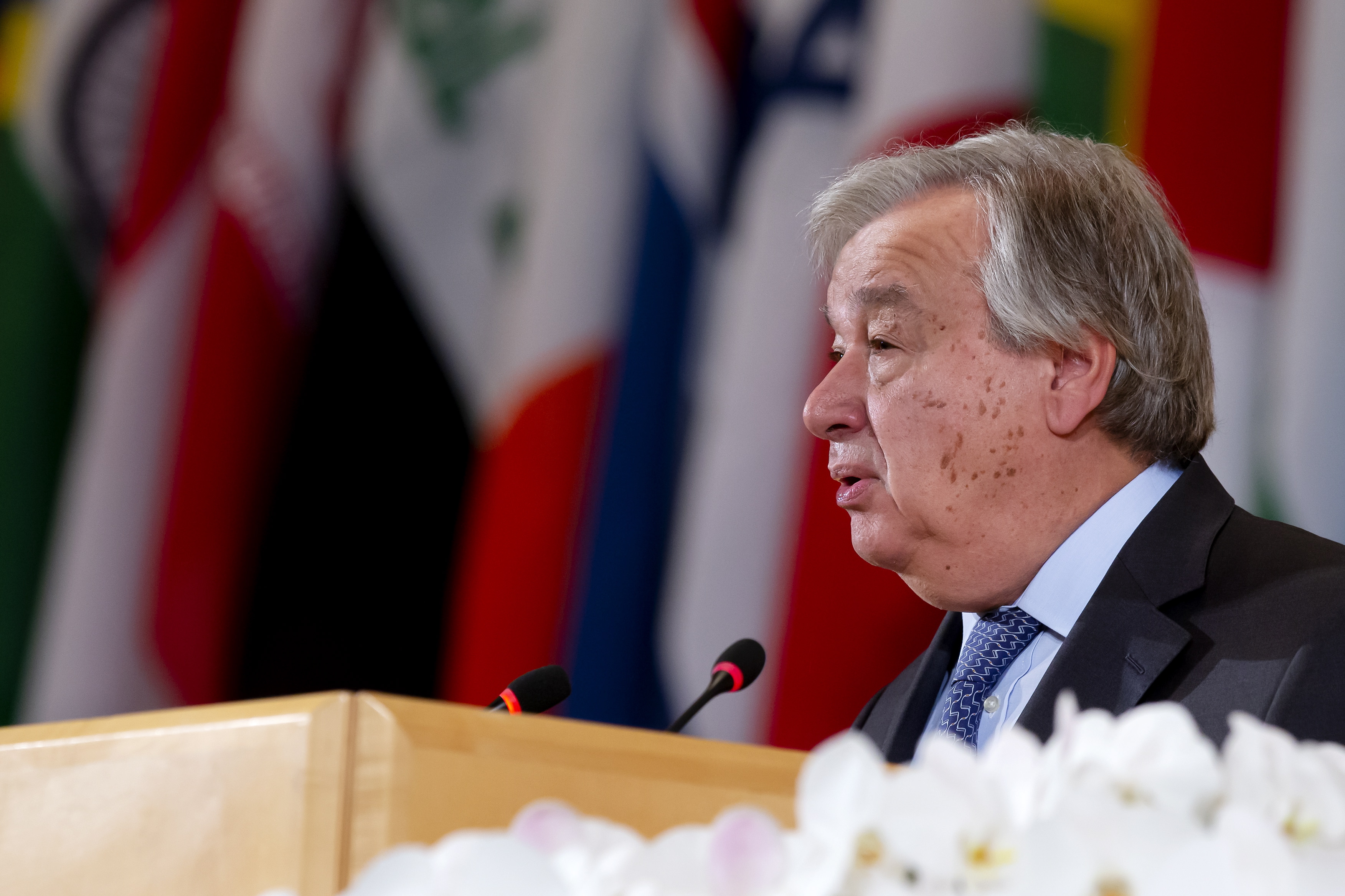epa07662680 UN Secretary-General Antonio Guterres delivers a statement during the 108th closing session of the International Labour Conference (ILO) Centenary Session, at the European headquarters of the United Nations (UNOG) in Geneva, Switzerland, 21 June 2019.  EPA/MAGALI GIRARDIN