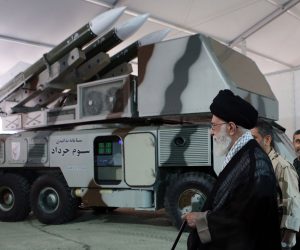 epa07662745 A handout file picture made available by Iranian Supreme Leader Office shows Iranian Supreme Leader Ali Khamenei next to Khordad-3 missile system during a revolutionary guard air force achievement exhibition in Tehran, 11 May 2014 (issued 21 June 2019). Media reported on 20 June 2019 that a US surveillance drone RQ-4A was shot down by an Iranian surface-to-air missile. Iran claims that the drone was in Iran airspace as US says the drone was flying over international water.  EPA/HO HANDOUT  HANDOUT EDITORIAL USE ONLY/NO SALES
