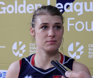 Varadin, 21.6.2019 - Polufinalni dvoboj izmeðu Hrvatske i panjolske na Final Four turniru Zlatne europske lige odbojkaica u varadinskoj Areni. Na slici Samanta Fabris daje izjavu za medije nakon pobjede Hrvatske.
foto HINA/ Sinia KALAJDIJA/ ua