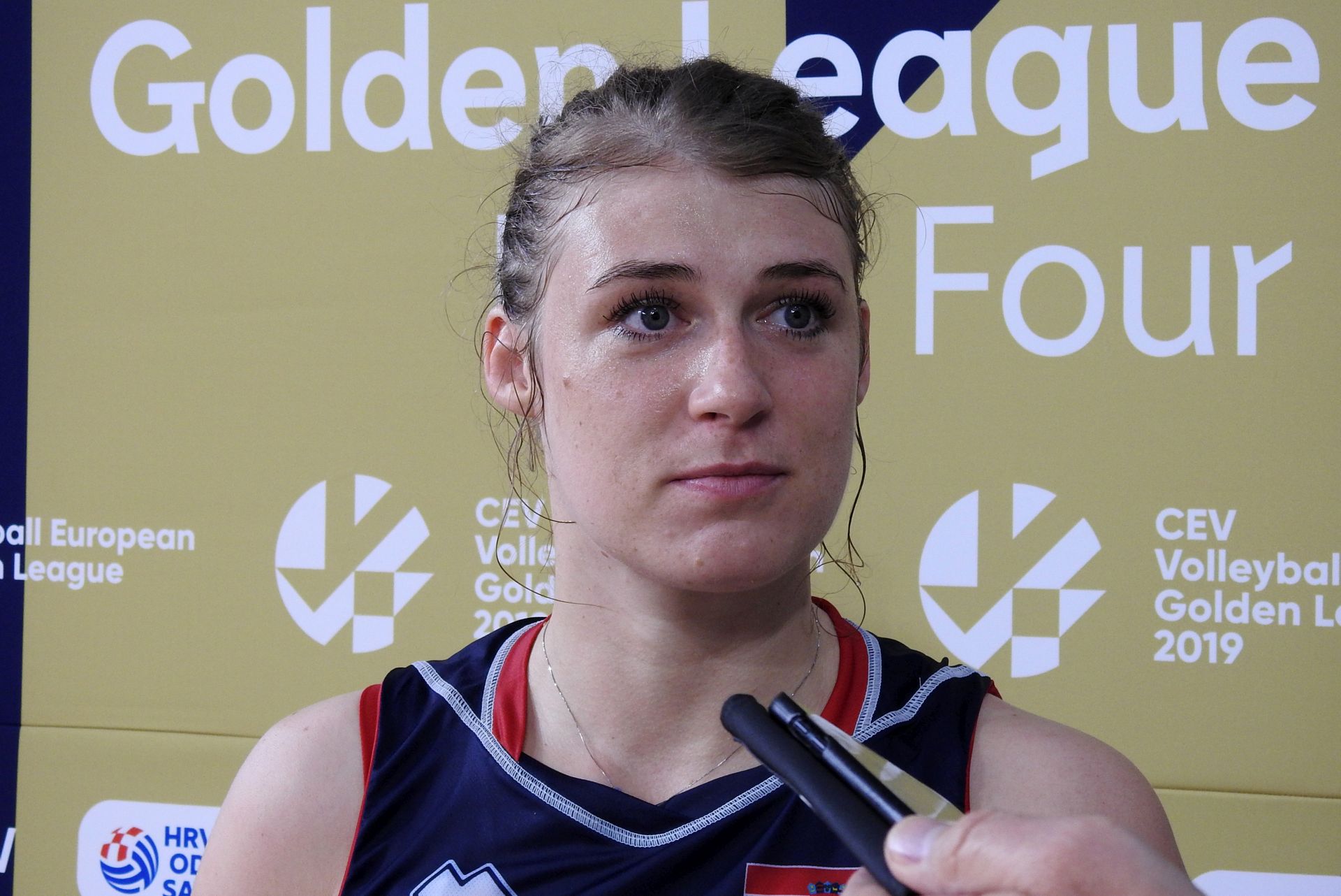 Varadin, 21.6.2019 - Polufinalni dvoboj izmeðu Hrvatske i panjolske na Final Four turniru Zlatne europske lige odbojkaica u varadinskoj Areni. Na slici Samanta Fabris daje izjavu za medije nakon pobjede Hrvatske.
foto HINA/ Sinia KALAJDIJA/ ua