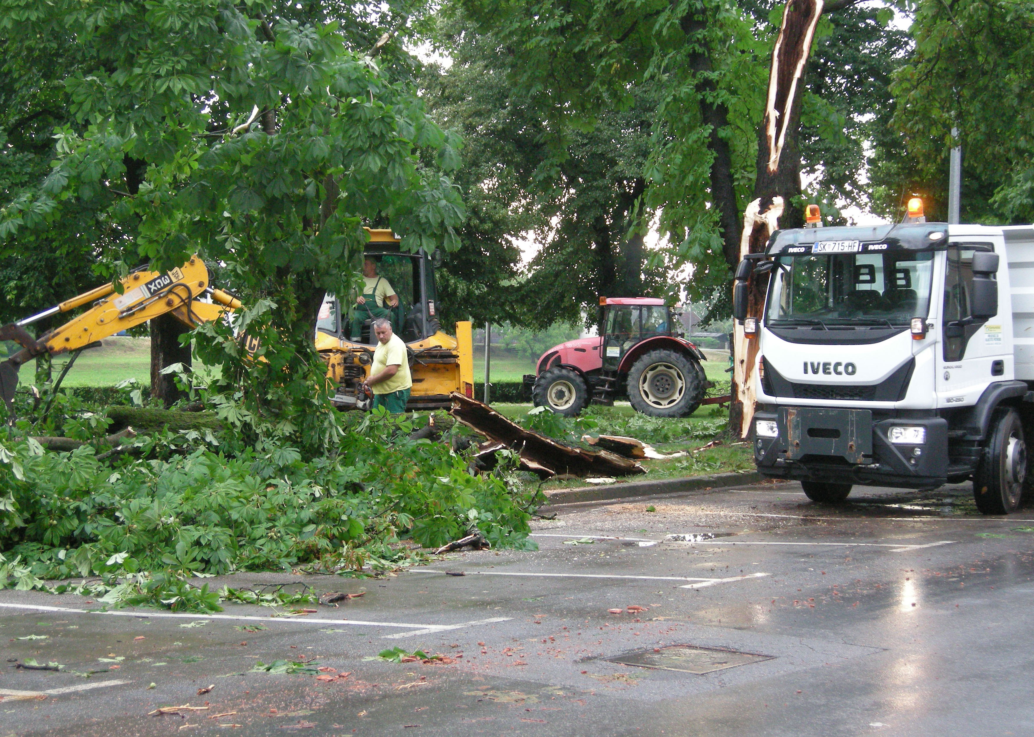 Sisak, 22.6.2019 - Jednosatno olujno nevrijeme i obilna kia u Sisku u subotu naveèer napravili su veliku tetu - vjetar je ruio drveæe, a voda je stvorila probleme u dva podvonjaka i prodrla je u nekoliko podrumskih stanova. Oluja je u Rimskoj i Laðarskoj ulici, te na sisaèkoj etnici uz Kupu ièupala nekoliko stoljetnih kestena i lipa zajedno s korijenjem. Pritom su stradale terase ugostiteljskih objekata, a oteæeno je i nekoliko automobila. Od udara groma nekoliko je golemih stabala raskoljeno.
foto HINA/ ua