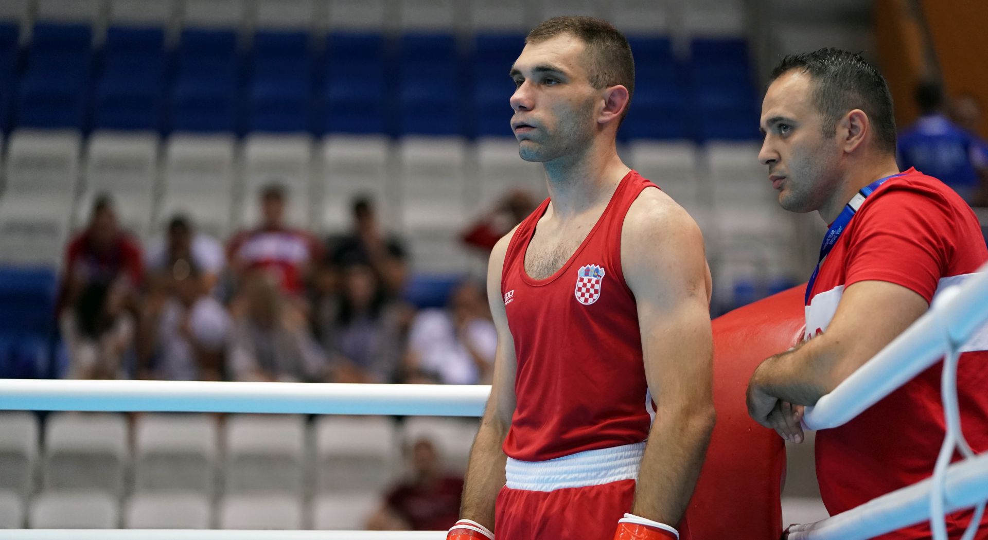Minsk, 22.06.2019 - Hrvatski boksaè Damir Plantiæ tijekom meèa u kategoriji do 75 kilograma protiv Bayrama Malkana iz Turske, na 2. Europskim igrama Minsk 2019.
foto HINA/ Damir SENÈAR/ ds