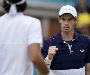 epa07669078 Britain's Andy Murray (R) with Feliciano Lopez of Spain (L) during their mens doubles final match against Britain's Joe Salisbury and Rajeev Ram at the Fever Tree Championship at Queen's Club in London, Britain, 23 June 2019. The tournament runs from 17th June till 23 June 2019.  EPA/WILL OLIVER