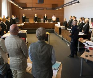 epa07673988 The court during the trial of eleven defendants into the alleged gang rape of an 18-year-old woman, at the regional court's special chamber for juveniles in Freiburg, Germany, 26 June 2019. The public prosecutor's office alleges that Ahmed Al. H. and ten other defendants, are suspected of gang raping a then 18-year-old student on 14 October 2014 outside a techno event at the Hans-Bunte-Areal in Freiburg, southern Germany. According to reports, the accused are eight Syrians, mostly refugees, aged between 19 and 30, an Iraqi, an Algerian and a man with German citizenship.  EPA/RONALD WITTEK ATTENTION EDITORS: IMAGE PIXELATED ACCORDING TO COURT ORDER