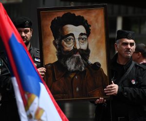 12.05.2019., Beograd, Srbija - Pokret obnove Kraljevine Srbije (POKS) odrzao je "monarhisticku i antifasisticku setnju - U  cast  Drazi ('Mihajlovicu)" u centru Beograda. Sudionici su polozili vijenac na spomenik vojvodi Vojinu Popovicu-Vuku.  Photo: Srdjan Ilic/PIXSELL