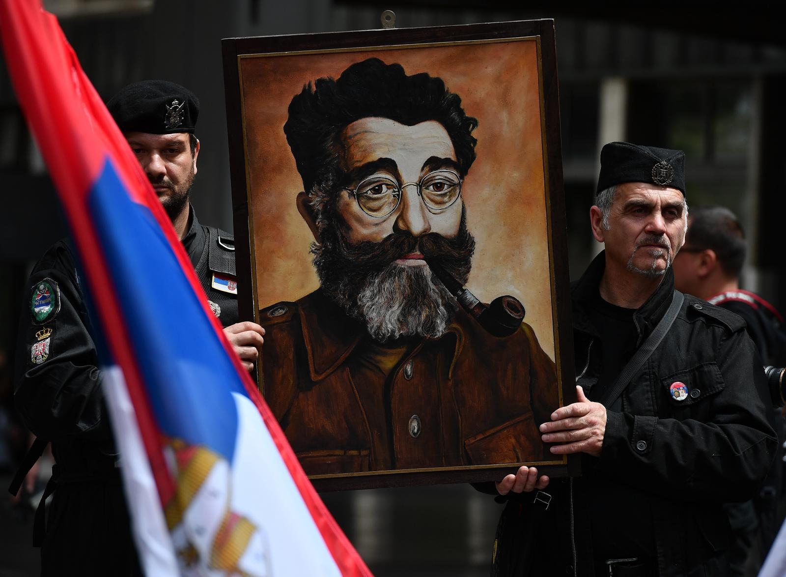 12.05.2019., Beograd, Srbija - Pokret obnove Kraljevine Srbije (POKS) odrzao je "monarhisticku i antifasisticku setnju - U  cast  Drazi ('Mihajlovicu)" u centru Beograda. Sudionici su polozili vijenac na spomenik vojvodi Vojinu Popovicu-Vuku.  Photo: Srdjan Ilic/PIXSELL