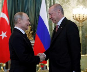 FILE PHOTO: Russian President Vladimir Putin and Turkish President Tayyip Erdogan meet in Moscow FILE PHOTO: Russian President Vladimir Putin shakes hands with Turkish President Tayyip Erdogan during their meeting in the Kremlin in Moscow, Russia, April 8, 2019. Maxim Shipenkov/Pool via REUTERS/File Photo POOL New