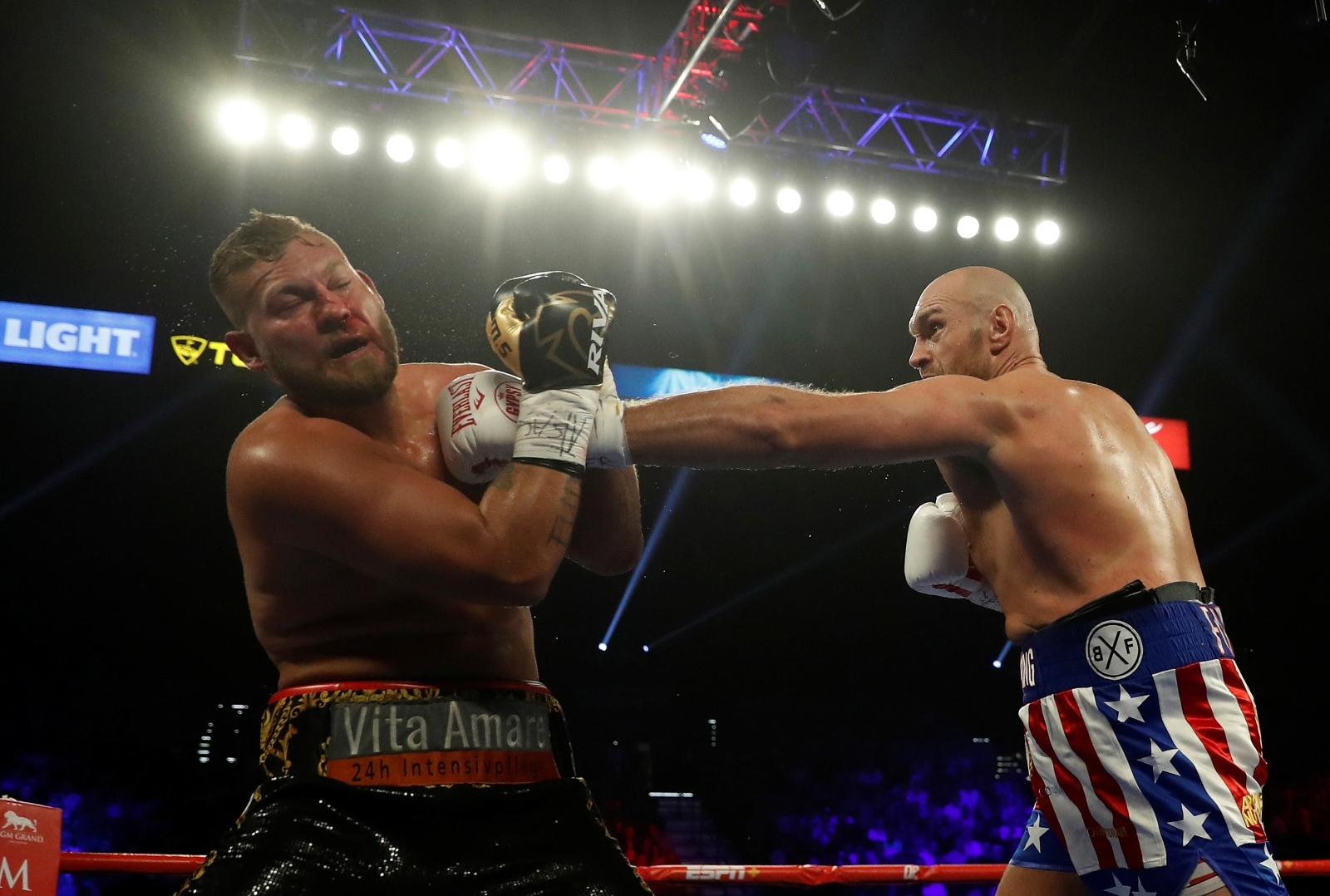Tyson Fury v Tom Schwarz - Heavyweight Fight Boxing - Tyson Fury v Tom Schwarz - Heavyweight Fight - MGM Grand Arena, Las Vegas, United States - June 15, 2019       Tyson Fury and Tom Schwarz in action  REUTERS/Mike Segar MIKE SEGAR