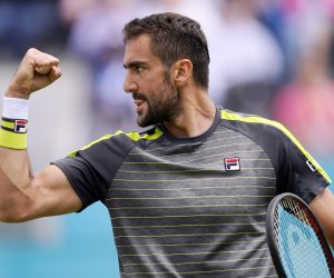 epa07654054 Croatia's Marin Cilic reacts during his round 32 match against Chile's Cristian Garin at the Fever Tree Championship at Queen's Club in London, Britain, 17 June 2019. The tournament runs from 17th June till 23 June 2019.  EPA/WILL OLIVER