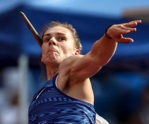 epa07661530 Sara Kolak of Croatia in action during the women's Javelin Throw event at the IAAF World Challenge Golden Spike athletics meeting in Ostrava, Czech Republic, 20 June 2019.  EPA/MARTIN DIVISEK