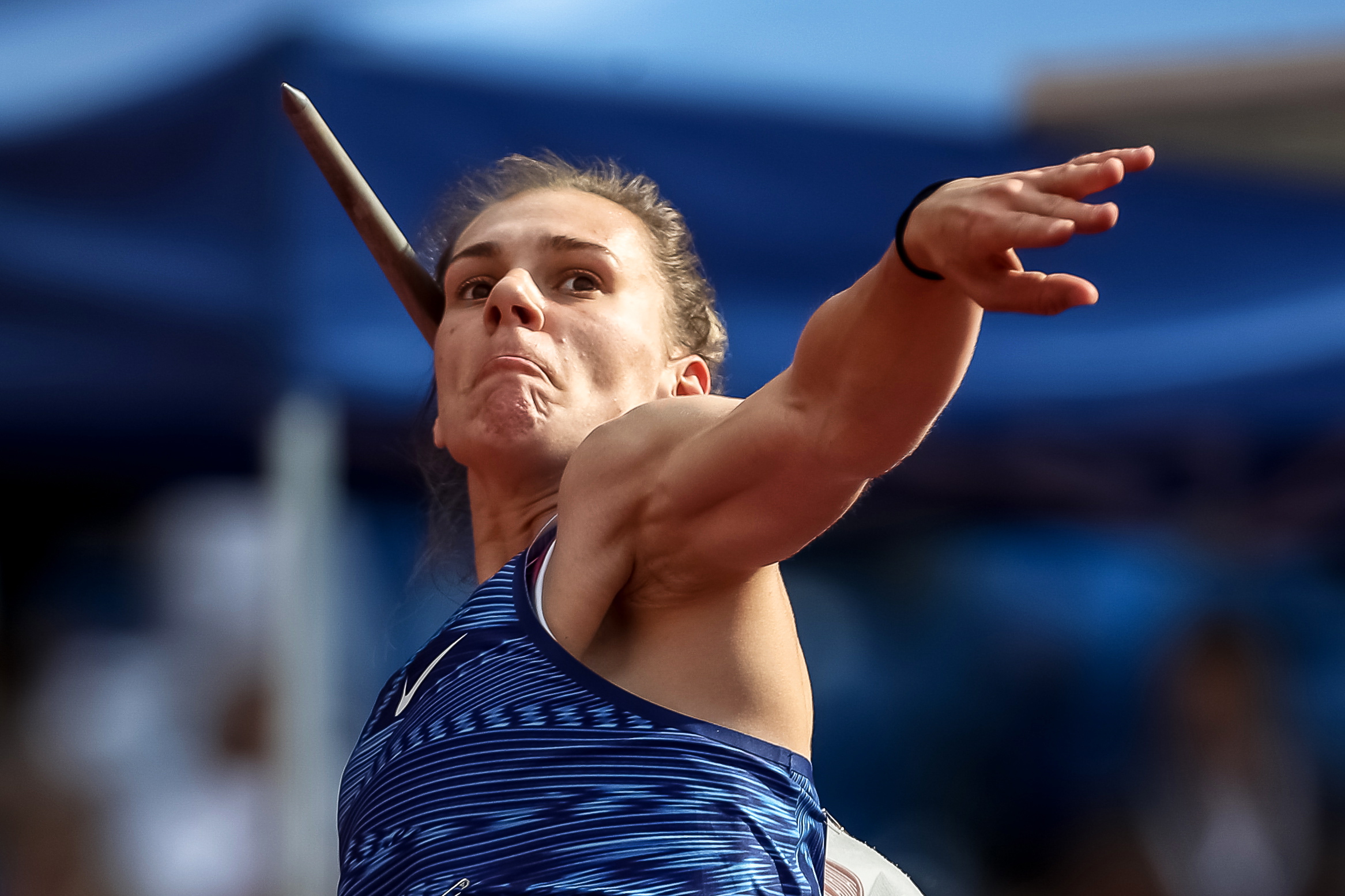 epa07661530 Sara Kolak of Croatia in action during the women's Javelin Throw event at the IAAF World Challenge Golden Spike athletics meeting in Ostrava, Czech Republic, 20 June 2019.  EPA/MARTIN DIVISEK