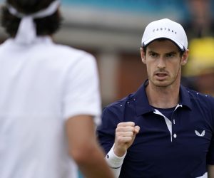 epa07669078 Britain's Andy Murray (R) with Feliciano Lopez of Spain (L) during their mens doubles final match against Britain's Joe Salisbury and Rajeev Ram at the Fever Tree Championship at Queen's Club in London, Britain, 23 June 2019. The tournament runs from 17th June till 23 June 2019.  EPA/WILL OLIVER