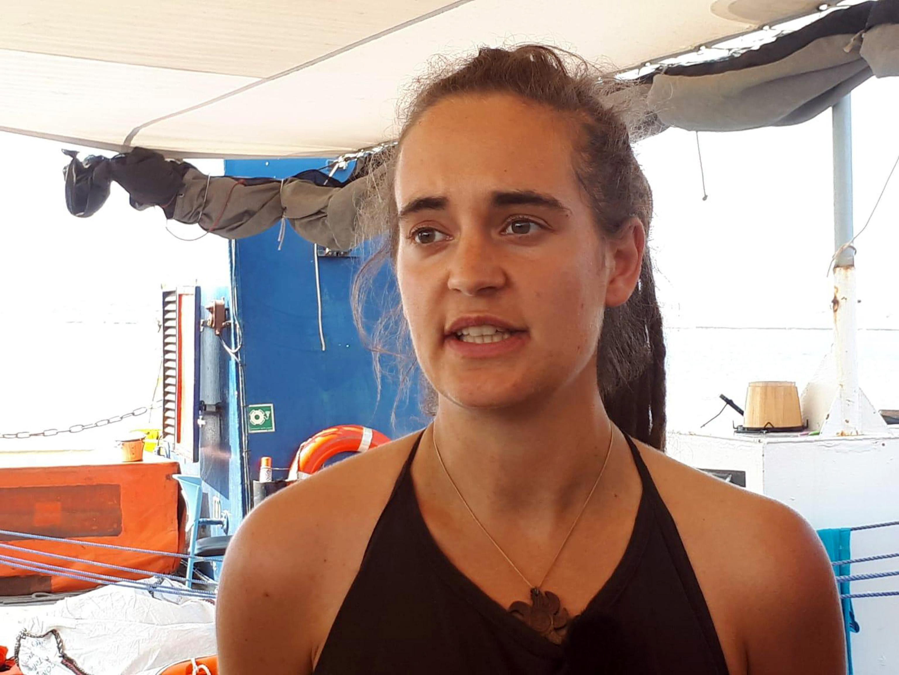 epa07677813 Sea-Watch 3 captain Carola Rackete on board the vessel at sea in the Mediterranean, 27 June 2019. Sea-Watch 3 captain Carola Rackete told journalists on 27 June that she had been promised 'a rapid solution' for the 42 desperate migrants on board the Dutch-flagged German NGO run rescue ship standing one mile off Lampedusa.  EPA/MATTEO GUIDELLI