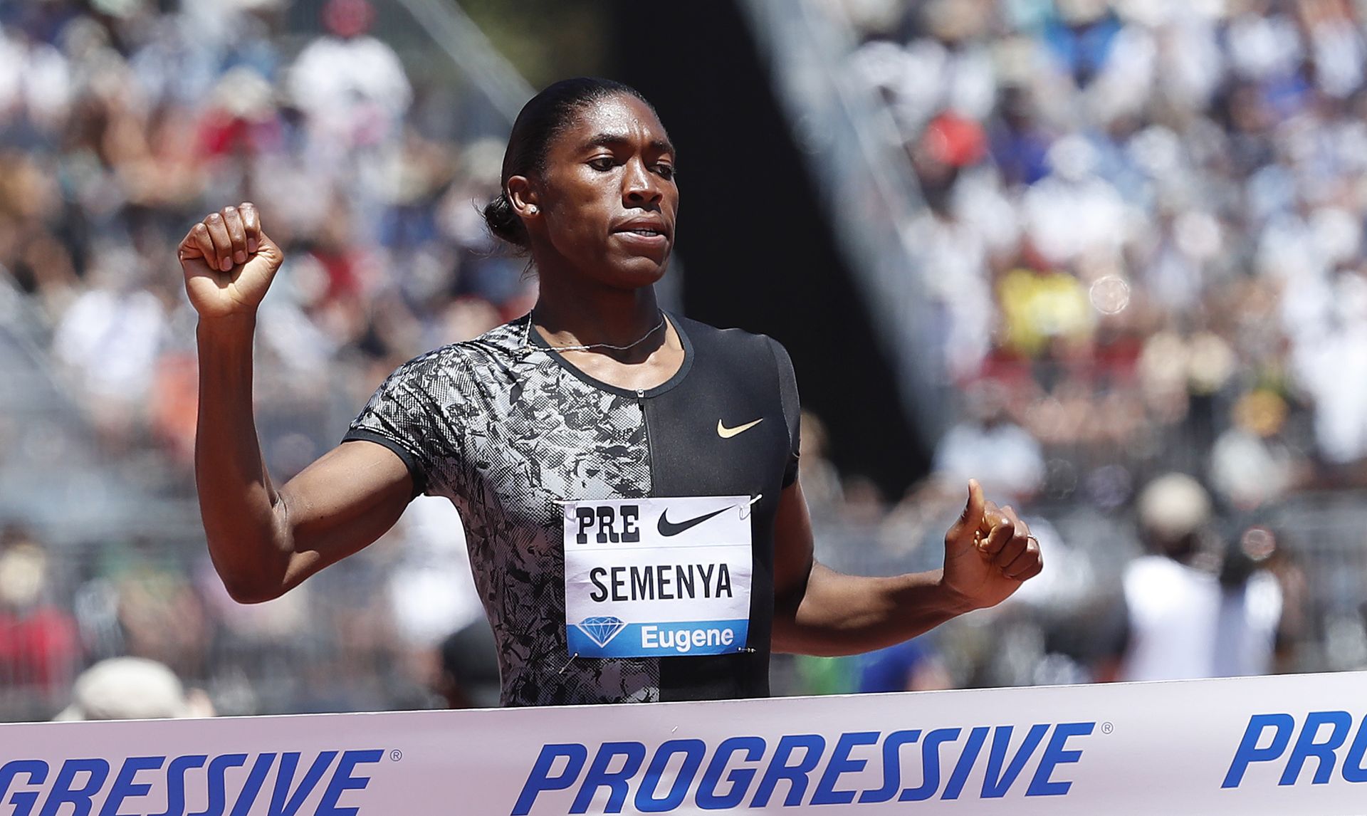 epa07686234 Caster Semenya of South Africa crosses the finish to win the Women 800m during the Athletics IAAF Diamond League  - Prefontaine Classic at Stanford, California, USA, 30 June 2019.  EPA/JOHN G. MABANGLO
