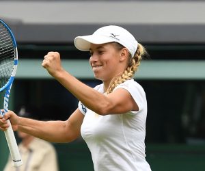 epa07687641 Yulia Putintseva of Kazakhstan celebrates a winner against Naomi Osaka of Japan in their first round match during the Wimbledon Championships at the All England Lawn Tennis Club, in London, Britain, 01 July 2019. EPA/ANDY RAIN EDITORIAL USE ONLY/NO COMMERCIAL SALES