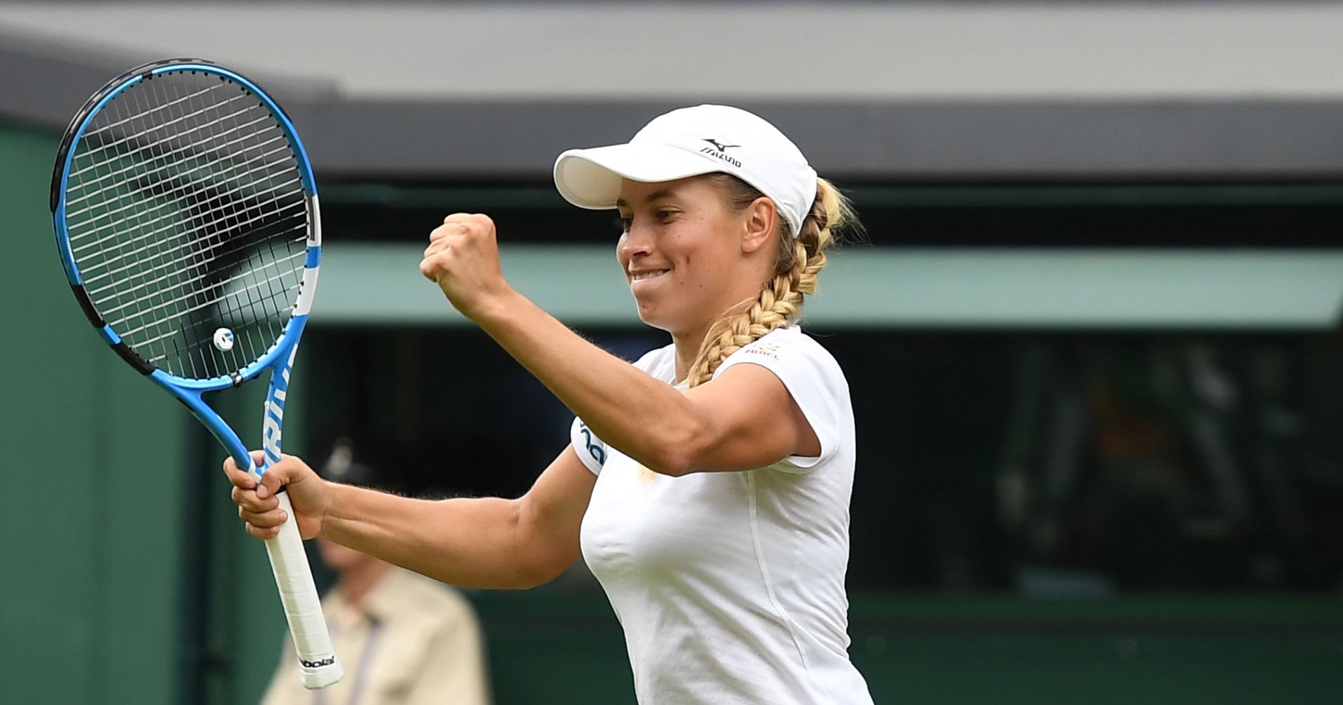 epa07687641 Yulia Putintseva of Kazakhstan celebrates a winner against Naomi Osaka of Japan in their first round match during the Wimbledon Championships at the All England Lawn Tennis Club, in London, Britain, 01 July 2019. EPA/ANDY RAIN EDITORIAL USE ONLY/NO COMMERCIAL SALES