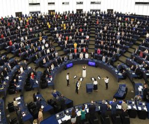 epa07688901 Brexit party members turn their backs on the musicians during the European Anthem at the first session of the new Parliament at the European Parliament, in Strasbourg, France, 02 July 2019.  EPA/PATRICK SEEGER