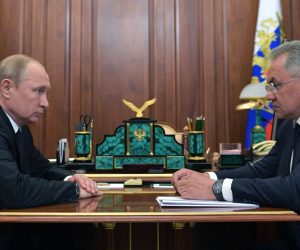 epa07690403 Russian president Vladimir Putin (L) listens to a report of Defence Minister Sergei Shoigu (R) about fire inside deepwater minisubmarine during their meeting at the Kremlin in Moscow, Russia, 02 July 2019. According to media reports citing the Russian Ministry of Defense, a fire incident inside a Russian submarine has left 14 people dead. The vessel is apparently part of the Northern Fleet, which is based in Severomorsk. The accident happened in the evening 01 July while the submarine worked on the bottom of Barents Sea in the Russian waters. There were two heroes of Russia among the crew of the submarine.  EPA/ALEXEI DRUZHININ / SPUTNIK / KREMLIN POOL MANDATORY CREDIT