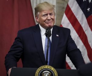 epa07704589 US President Donald J. Trump speaks during a dinner hosted by the Secretary of the Treasury in honor of Qatar's Emir Sheikh Tamim bin Hamad Al Thani in Washington, DC, USA, 08 July 2019.  EPA/Oliver Contreras / POOL