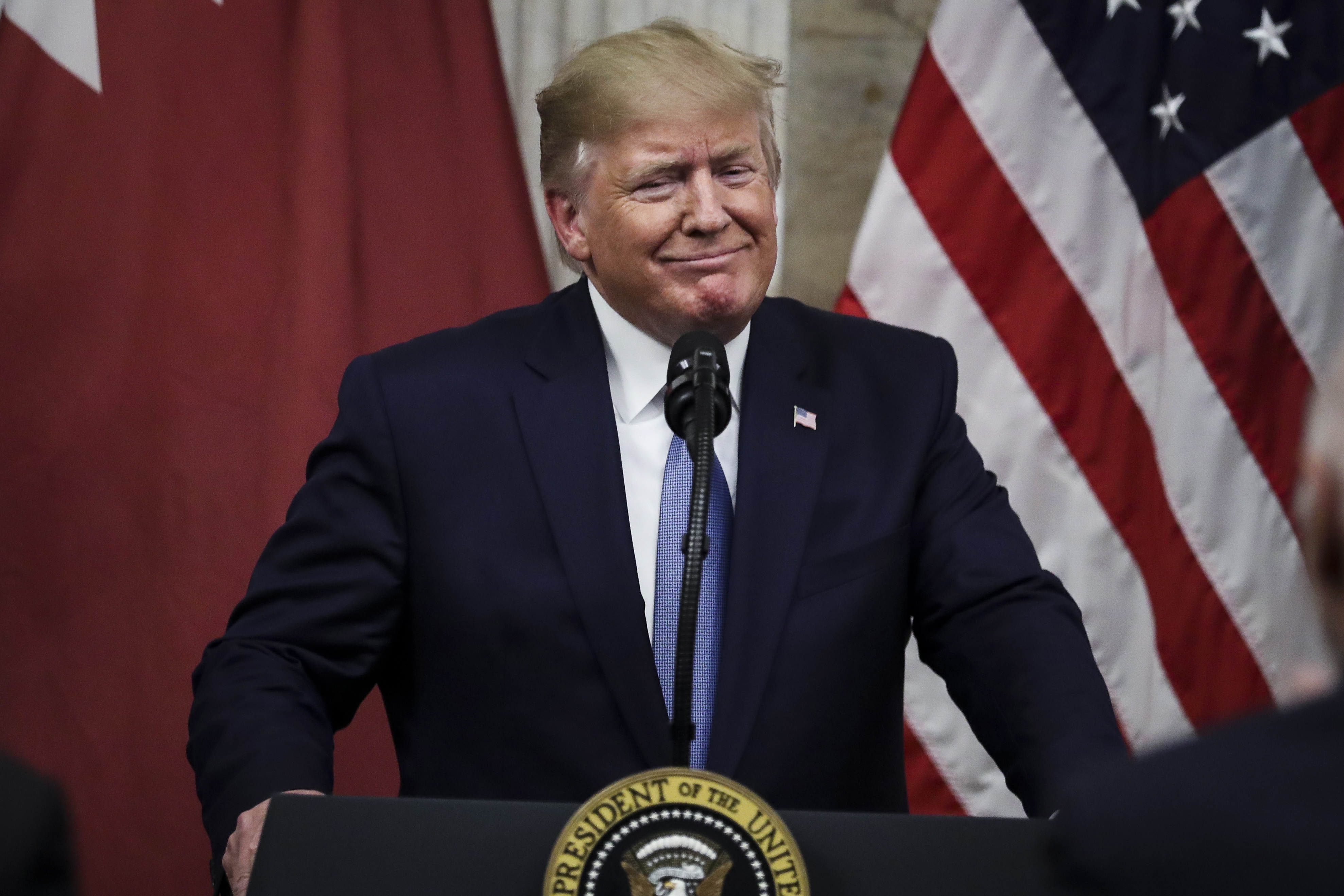 epa07704589 US President Donald J. Trump speaks during a dinner hosted by the Secretary of the Treasury in honor of Qatar's Emir Sheikh Tamim bin Hamad Al Thani in Washington, DC, USA, 08 July 2019.  EPA/Oliver Contreras / POOL