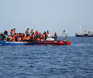 epa07704799 A handout photo made available by German civil sea rescue organisation sea-eye shows a boat carrying migrants (L) and a rescue boat of sea-eye, in the Mediterranean Sea, 08 July 2019 (issued 09 July 2019). According to sea-eye, 44 people were rescued from a woodden boat floating in the Mediterranean between Malta and Lampedusa. The migrants were taken onboard the Alan Kurdi rescue vessel operated by sea-eye and are expected to be transferred to land by the Maltese Navy.  EPA/FABIAN HEINZ / SEA-EYE HANDOUT  HANDOUT EDITORIAL USE ONLY/NO SALES