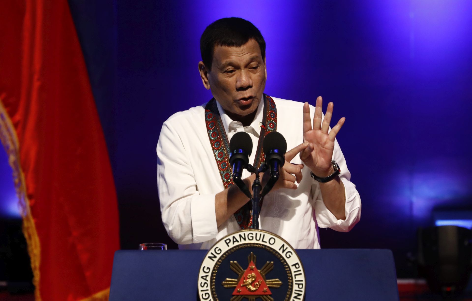 epa07711831 Philippine President Rodrigo Duterte delivers a speech during the 28th anniversary of the Bureau of Jail Management and Penology (BJMP) in Quezon City, east of Manila, Philippines, 12 July 2019. The United Nations Human Rights Council on 11 July voted to adopt a resolution that seeks international review of the Philippine government's 'war on drugs'. Philippine police data claim that some 6,000 people were killed during the conduct of anti-illegal drugs operations since the start of President Rodrigo Duterte's term, while human rights groups claim that some 27,000 have already been killed.  EPA/ROLEX DELA PENA