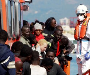 epa07725551 Some of 124 migrants arrive at the Granada port in Motril, Granada, Spain, 18 July 2019. Maritime Rescue rescued 124 migrants, including twenty women and four children, when they were sailing in the waters of the Alboran Sea.  EPA/Alba Feixas