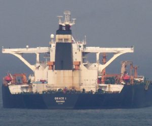 epa07727681 A view of the Iranian oil supertanker Grace 1 intercepted by British Royal Marines and Gibraltar's police in the Strait of Gibraltar, in Algeciras, Spain, 19 July 2019. Gibraltar's Supreme Court granted a 30 days extension to detain the supertanker, which has been held for two weeks on suspicion it was transporting crude oil to a refinery in Syria against the EU restrictions. Four members of the tanker's crew, including the captain, were arrested but released on bail last week.  EPA/A. CARRASCO RAGEL