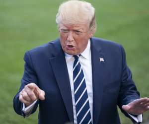 epa07728037 US President Donald J. Trump departs the White House for a weekend at his resort in Bedminster, New Jersey in Washington, DC, USA, 19 July 2019. The president also answered questions about a British oil tanker captured by Iranians in the Strait of Hormuz.  EPA/JIM LO SCALZO