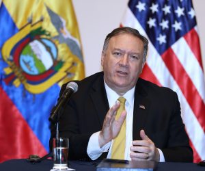 epa07730243 US Secretary of State Mike Pompeo speaks during a joint press conference with Ecuadorian President Lenin Moreno (not pictured) in Guayaquil, Ecuador, 20 July 2019. Pompeo visits Ecuador as part of his tour of Latin America to strengthen alliances in the Western Hemisphere on regional and global challenges.  EPA/JOSE JACOME