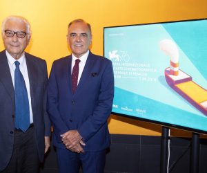 epa07739314 Venice Biennale President Paolo Baratta (L) and Film Festival Director Alberto Barbera (R) pose during a photocall after the press conference for the 76th annual Venice International Film Festival in Rome, Italy, 25 July 2019. The festival will run from 28 August to 07 September.  EPA/CLAUDIO PERI