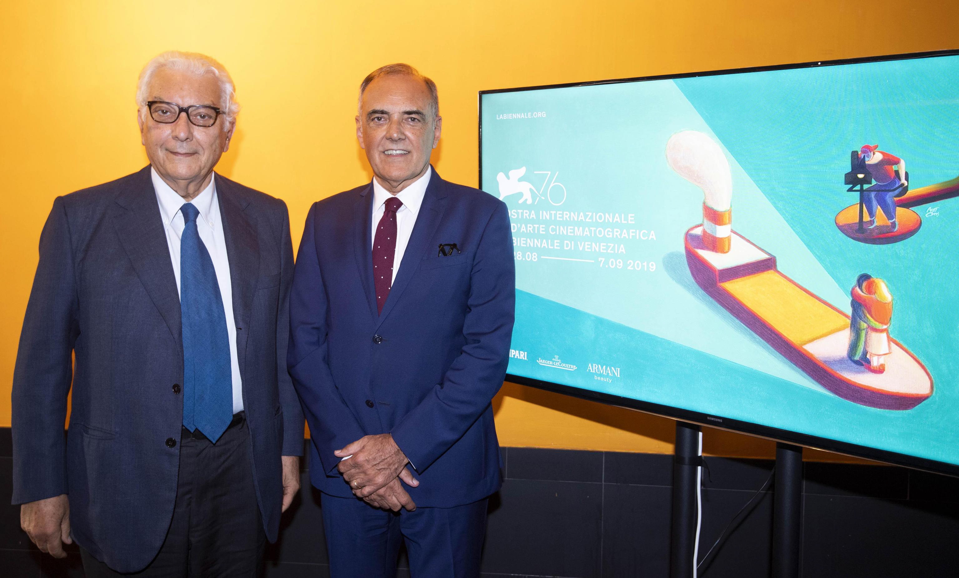 epa07739314 Venice Biennale President Paolo Baratta (L) and Film Festival Director Alberto Barbera (R) pose during a photocall after the press conference for the 76th annual Venice International Film Festival in Rome, Italy, 25 July 2019. The festival will run from 28 August to 07 September.  EPA/CLAUDIO PERI