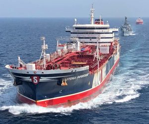 epa07740308 A handout picture provided by the British Ministry of Defence (MOD) shows the Stena Important being accompanied by the British Navy frigate HMS Montrose and the Sea Ploeg vessel through the Strait of Hormuz between the Persian Gulf and the Gulf of Oman, 25 July 2019. The Royal Navy has started providing escort for British-flagged ships passing through the Strait of Hormuz  following Iran's seizure of British-flagged tanker Stena Impero.  EPA/MOD/BRITISH MINISTRY OF DEFENCE/HANDOUT MANDATORY CREDIT: MOD/CROWN COPYRIGHT HANDOUT EDITORIAL USE ONLY/NO SALES