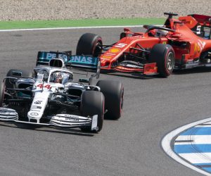 epa07741688 British Formula One driver Lewis Hamilton (L) of Mercedes AMG GP and German Formula One driver Sebastian Vettel (R) of Scuderia Ferrari in action during the first practice session of the 2019 Formula One Grand Prix of Germany at Hockenheim Ring circuit in Hockenheim, Germany, 26 July 2019. The 2019 Formula One Grand Prix of Germany will take place on 28 July.  EPA/RONALD WITTEK