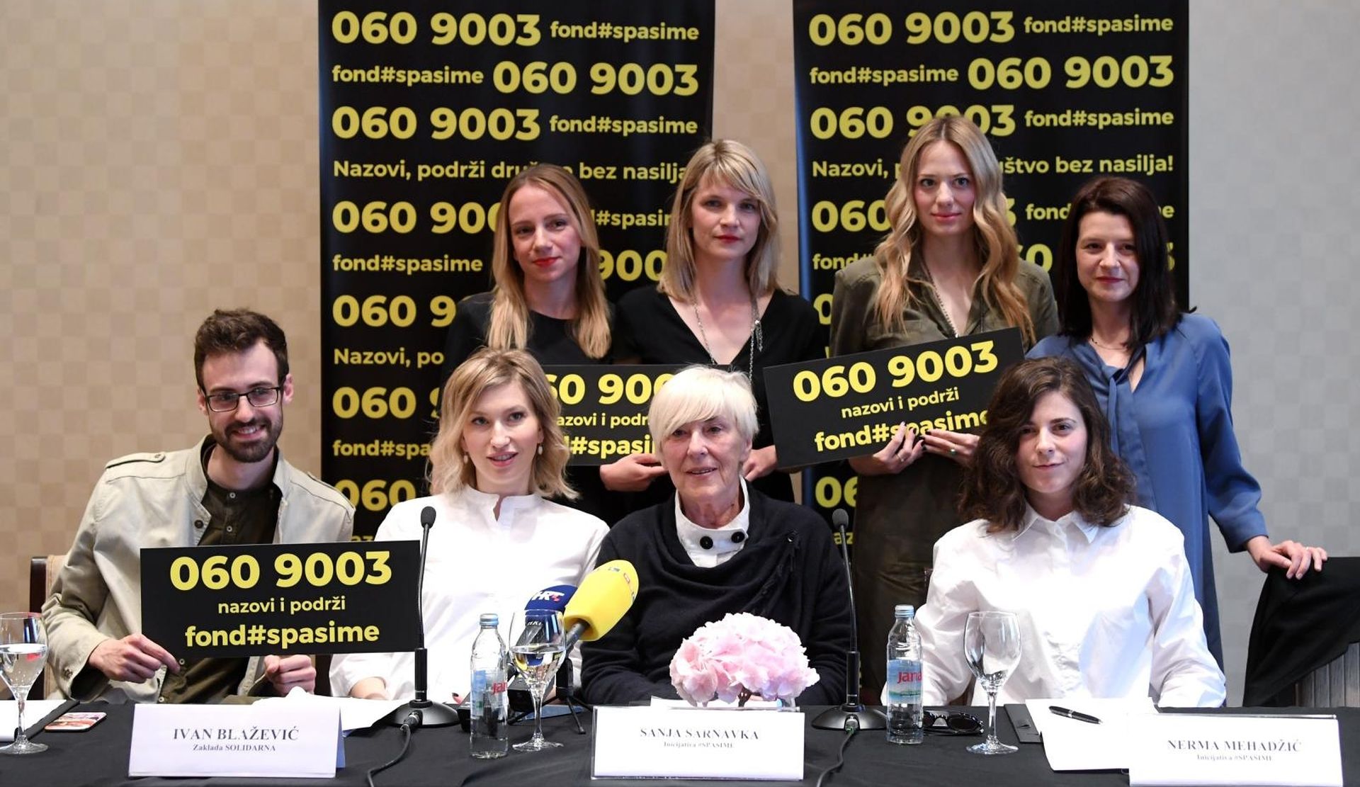 02.06.2019., Zagreb - Konferencija za medije  inicijative Spasi me, organizatorice Jelene Veljace, te predstavljanje fonda za pomoc zlostavljanim zenama. Anica Tomic, Una Zecevic Separovic, Ana Pecotic, Ivan Blazevic, Sanja Sarnavka, Nerma Mehadzic, Jelena Kovacic Solaric, Jelena Veljaca. 
Photo: Marko Lukunic/PIXSELL