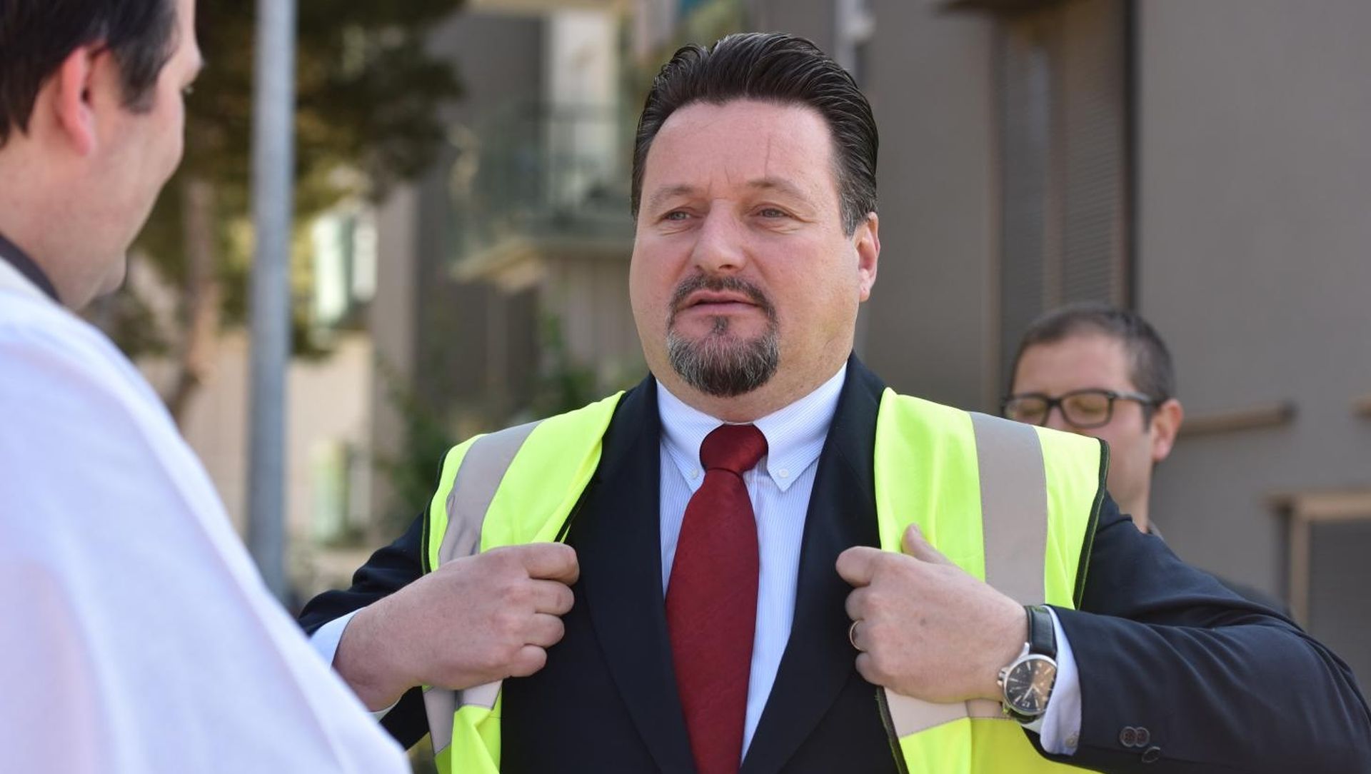 08.05.2017., Sibenik - Ministar Lovro Kuscevic i gradonacelnik Zeljko Buric polozili su kamen temeljac za izgradnju POS-ovih stanova u Sibeniku nakon 12 godina.
Photo: Hrvoje Jelavic/PIXSELL