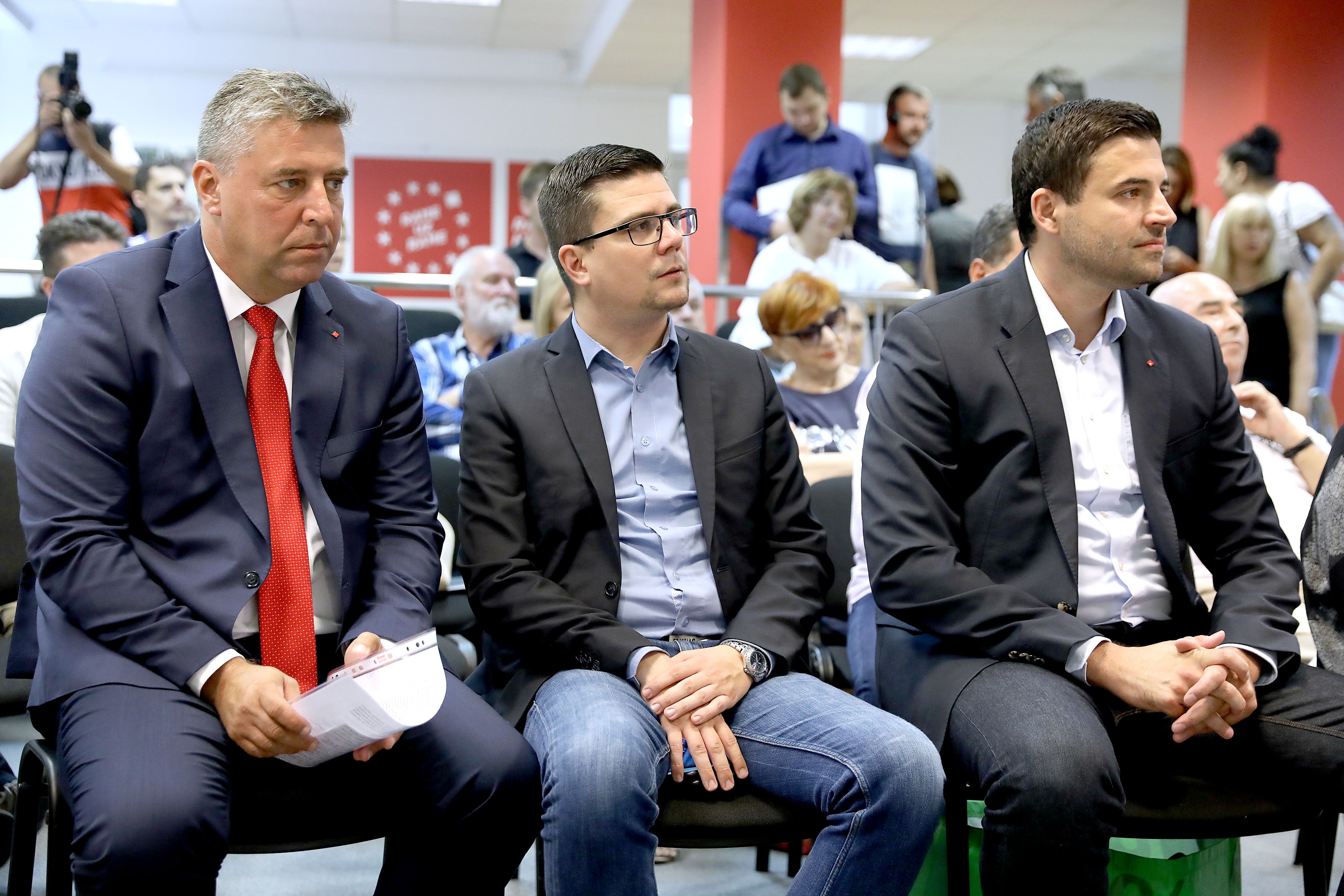 25.07.2019., Zagreb - U SDP-u je odrzan okrugli stol pod nazivom "Anitkorupcija - prekasno za rijeci, trazimo djela". Franko Vidovic, Domagoj Hajdukovic, Davor Bernardic Photo: Patrik Macek/PIXSELL