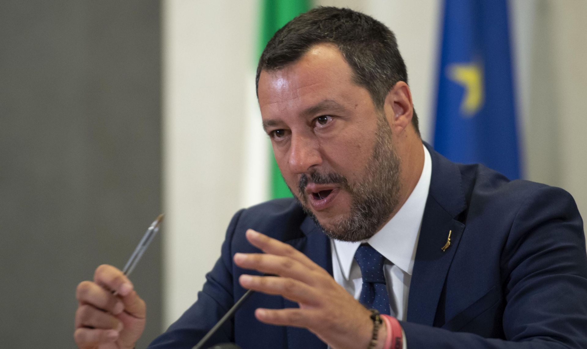 epa07718571 Italian vice president and interior minister Matteo Salvini talks to journalists about the meeting with the Union and Association in Rome, Italy, 15 July 2019.  EPA/MAURIZIO BRAMBATTI