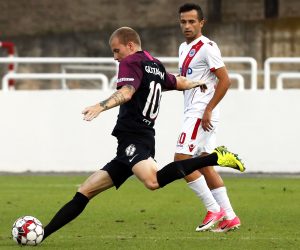 epa07752156 Damir Sovsic (R) of Zrinjski in action against Simon Gustavson (L) of Utrecht during the UEFA Europa League second qualifying round, second leg soccer match between NK Zrinjski Mostar and FC Utrecht in Mostar, Bosnia and Herzegovina, 01 August 2019.  EPA/FEHIM DEMIR