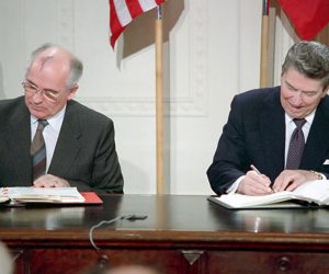 epa07753112 (FILE) - A handout photo made available by the Ronald Reagan Presidential Library Museum shows US President Ronald Reagan and Soviet General Secretary Michhail Gorbachev signing the INF Treaty in the East Room of the White House in Washington D.C., USA, 08 December 1987 (reissued 02 August 2019). US formally withdraws from Intermediate-Range Nuclear Forces Treaty  with Russia on 02 August 2019.  EPA/RONALD REAGAN PRESIDENTIAL LIBRARY HANDOUT - MANDATORY CREDIT -- HANDOUT EDITORIAL USE ONLY/NO SALES *** Local Caption *** 54950869