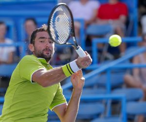 epa07754180 Marin Cilic of Croatia in action against Daniil Medvedev of Russia during a quarterfinal round match in the Citi Open tennis tournament at the Rock Creek Park Tennis Center in Washington, DC, USA, 02 August 2019.  EPA/ERIK S. LESSER