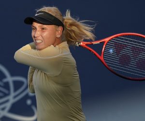 epa07755676 Donna Vekic of Croatia in action against Aryna Sabalenka of Belarus during a women's semifinal match at the Silicon Valley Classic tennis tournament in San Jose, California, USA, 03 August 2019.  EPA/JOHN G. MABANGLO