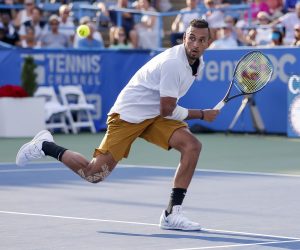 epa07757183 Nick Kyrgios of Australia in action against Daniil Medvedev of Russia during the men's singles final match in the Citi Open tennis tournament at the Rock Creek Park Tennis Center in Washington, DC, USA, 04 August 2019.  EPA/ERIK S. LESSER