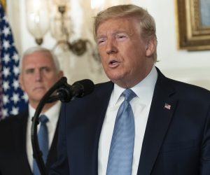 epa07757952 US President Donald J. Trump makes a statement at the White House in Washington, DC, USA, on 05 August 2019 in response to two separate shooting incidents. US Vice President Mike Pence looks on from left.  EPA/Chris Kleponis / POOL